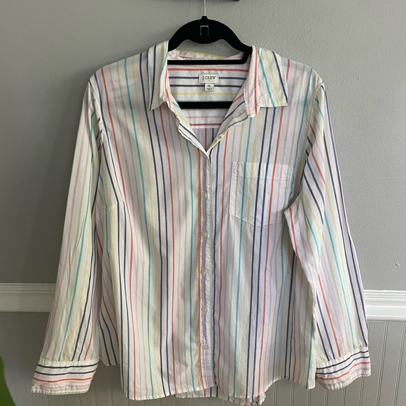 J.Crew Factory Women's Long Sleeve Oversized Rainbow Stripe Button Down Top - Picture 3 of 11